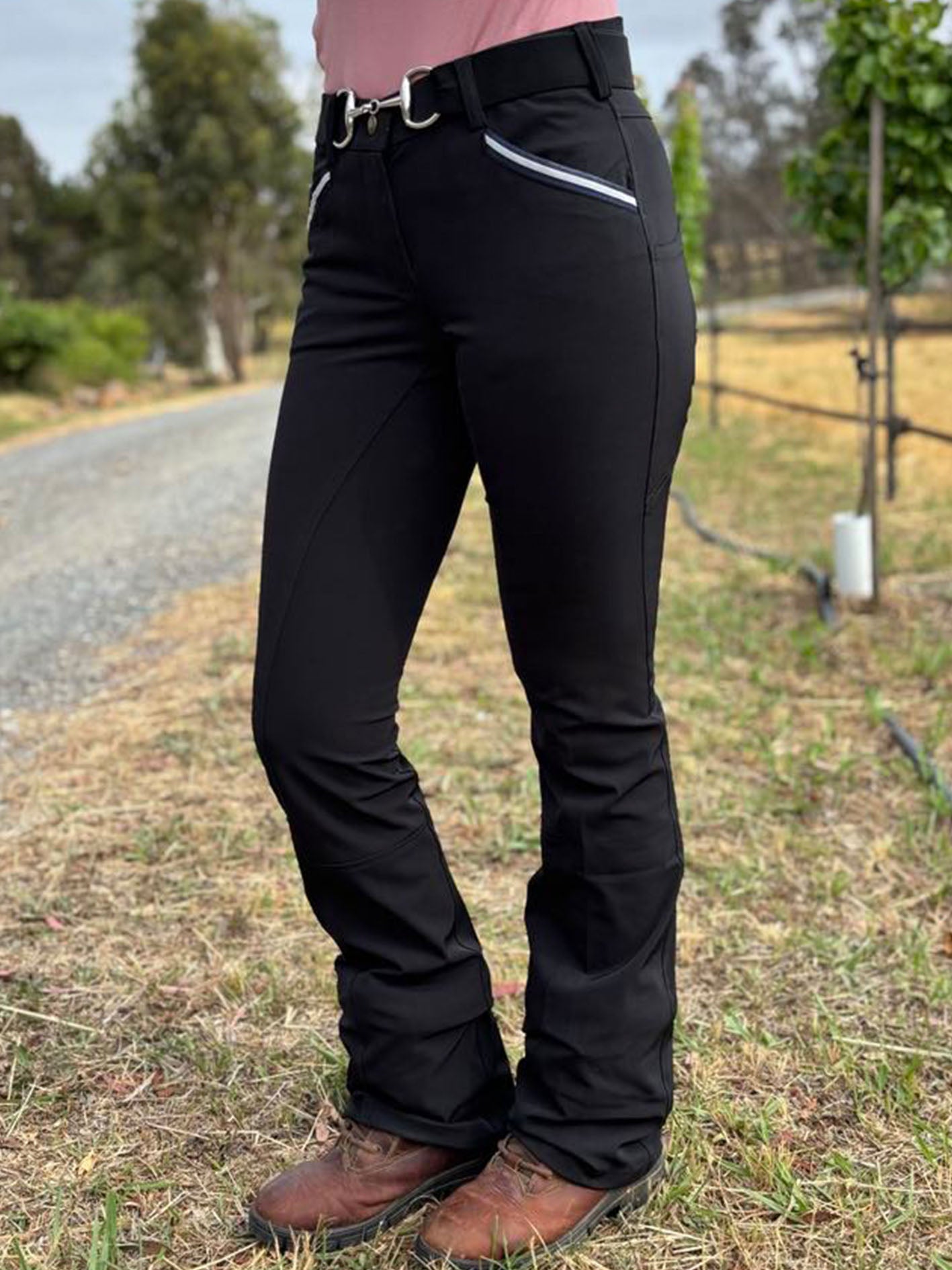 Black Bootleg horse riding pants, shown with a belt.