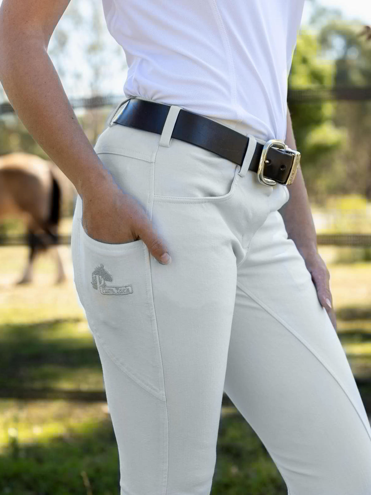 Bootleg denim riding jeans in Vanilla Cream - Silicone options