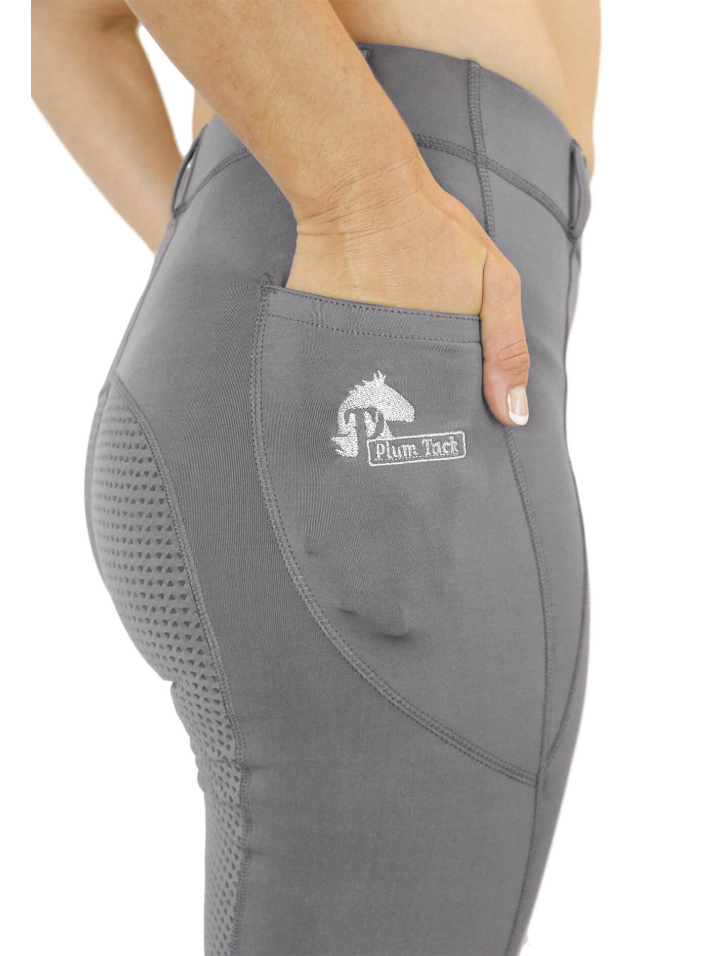 Grey horse riding tights with phone pocket - Plum Tack