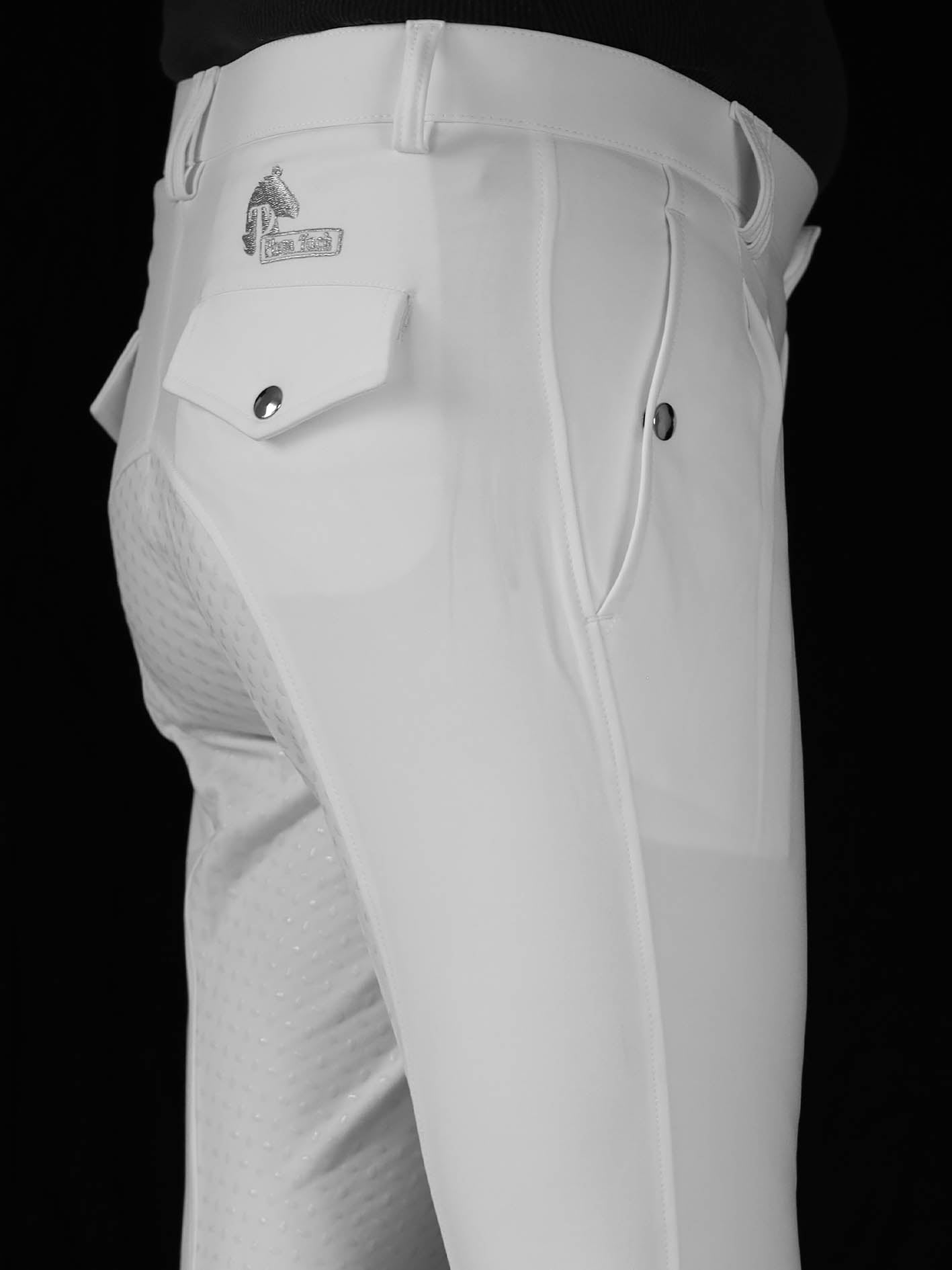 Men's white competition breeches close up of side