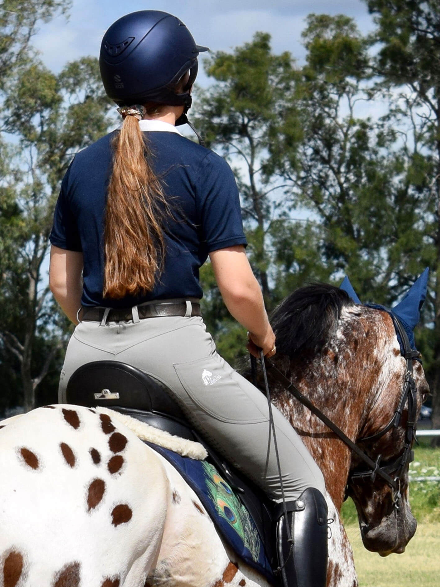 Woman riding horse shows back of riding shirt