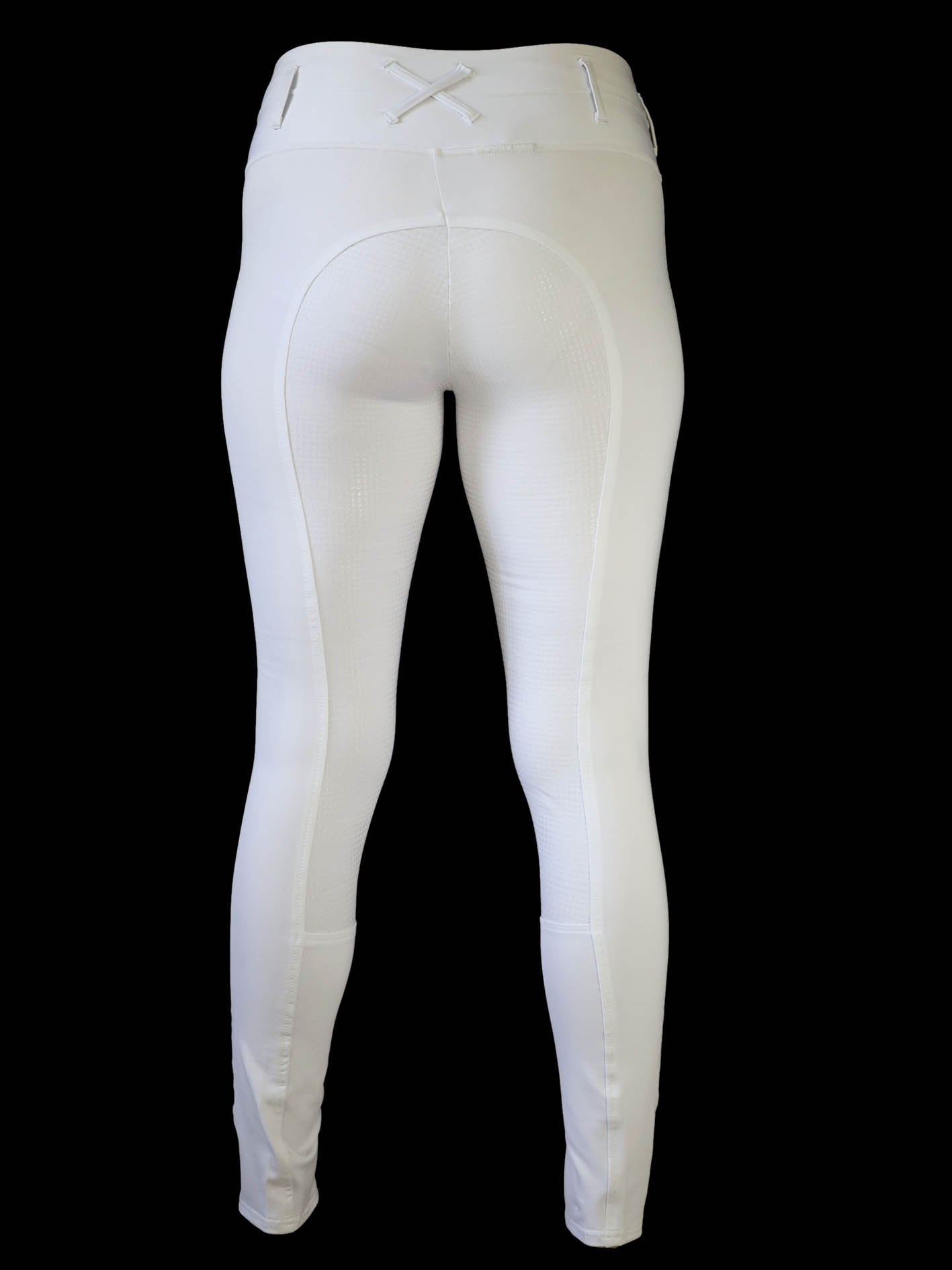 White dressage tights showing full length back view including cross over belt detail