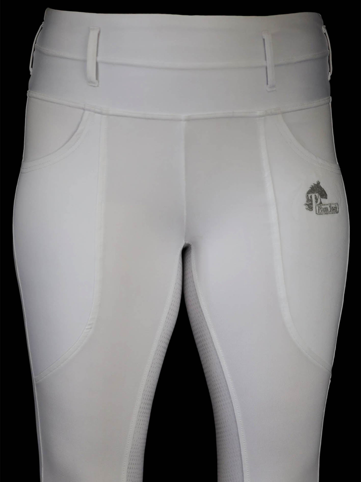 White riding tights showing closer view on front also showing both phone pockets