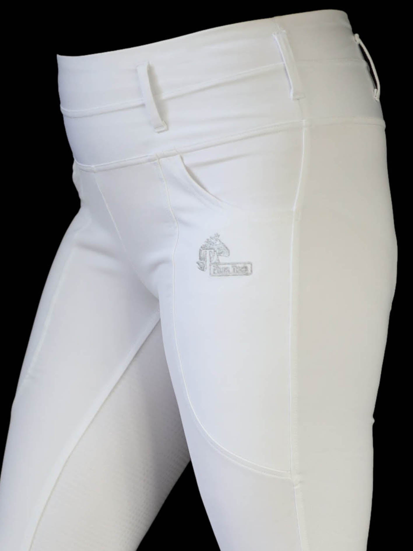 White riding tights showing wide waistband and logo on phone pocket