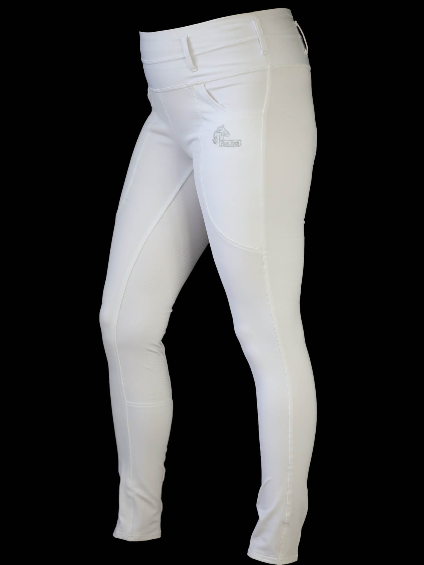 White show jumping tights full length view shows wide waist band and deep phone pockets